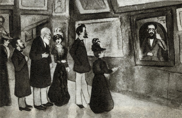 А. П. Чехов в Третьяковской галерее перед своим портретом, написанным И. Э. Бразом. С акварели А. А. Хотяинцевой